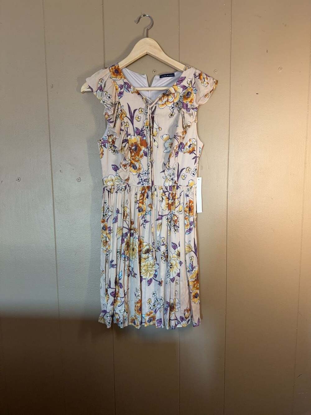 Basil & Lola Floral Print Ruffle Cap Sleeve Lace-Up Dress